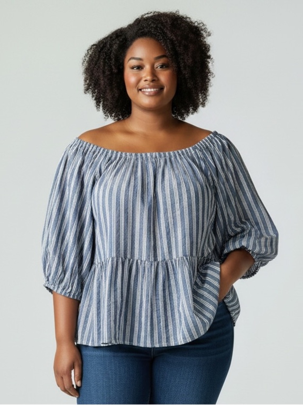 Old Navy Blue and White Striped Puff-Sleeve Blouse